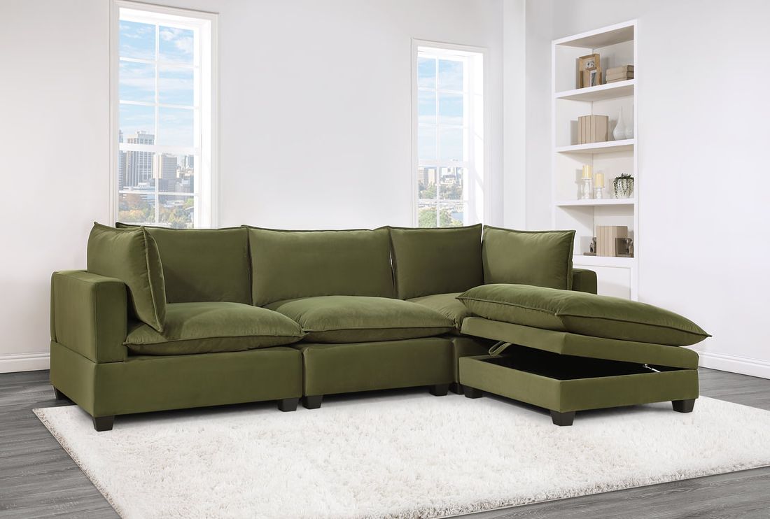 Kova-Style Modular Cloud Couch + Storage Ottoman (4-Piece Velvet Olive)