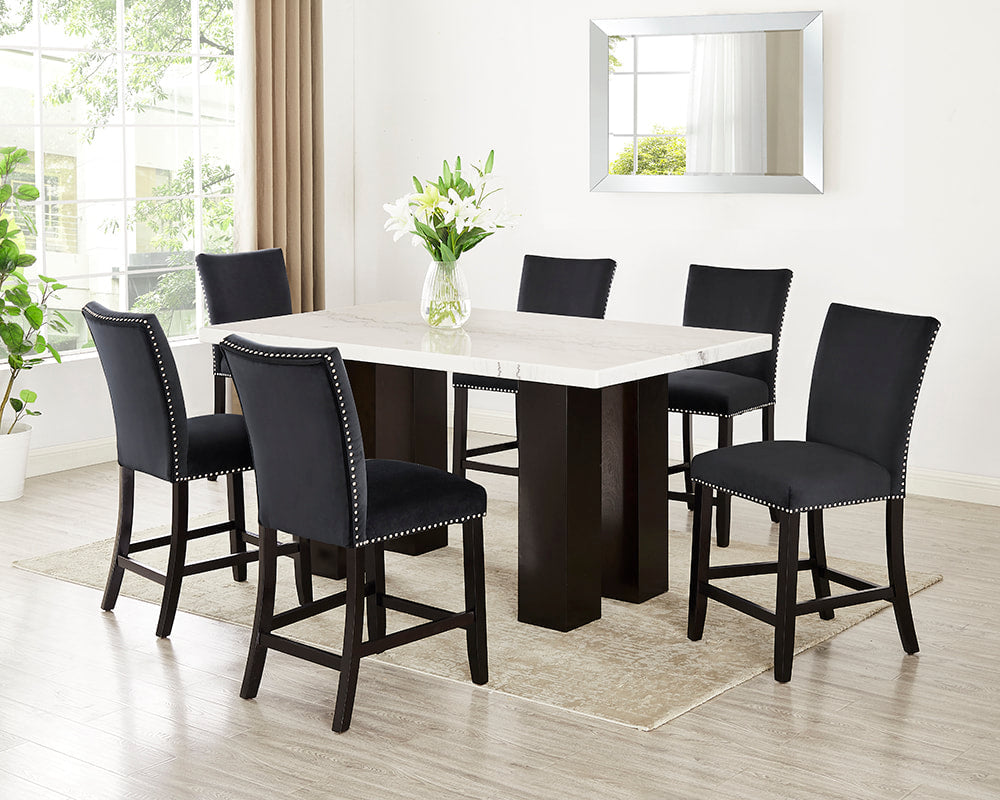 (Genuine Marble) Finley Black Table + 6 Chairs