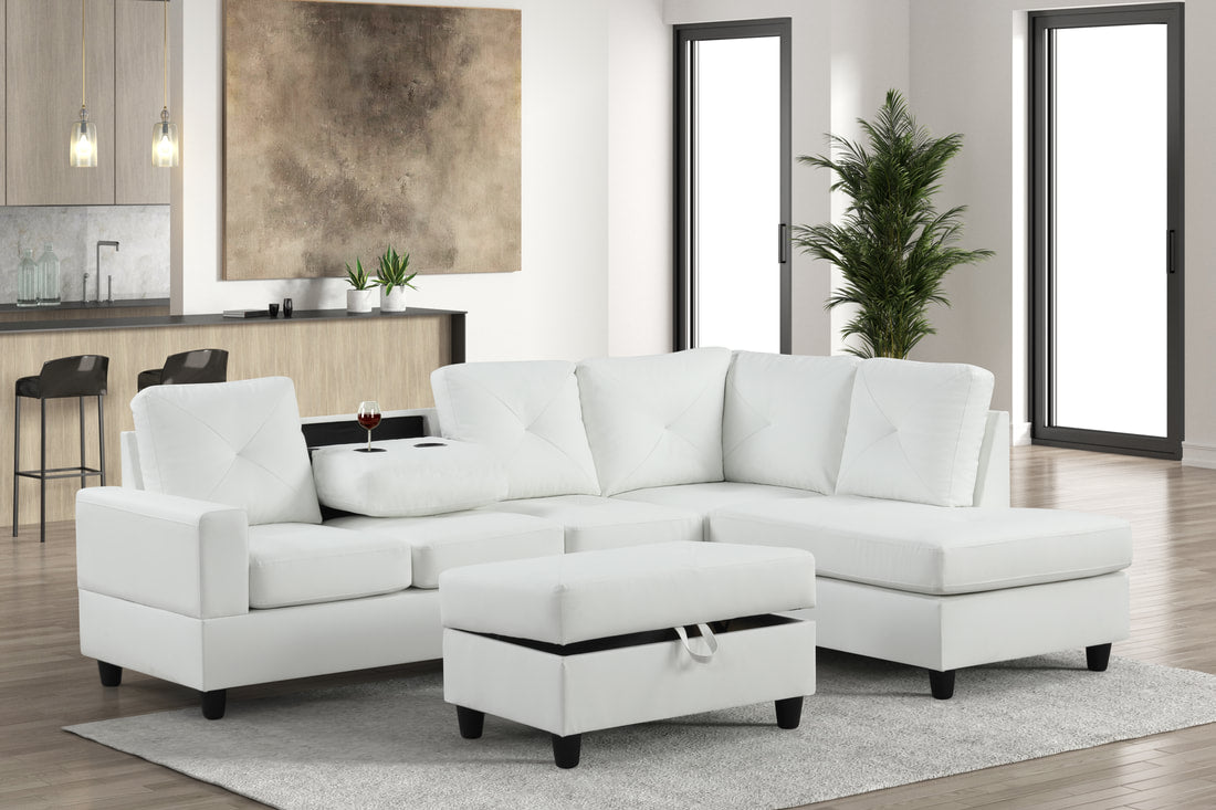 Rocket Reversible Sectional + Storage Ottoman (White PU Leather)