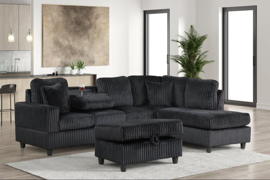 Rocket Reversible Sectional + Storage Ottoman (Onyx Corduroy)