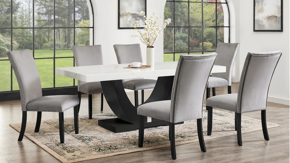 (Faux Marble) D180 Table + 6 Chairs (Grey)