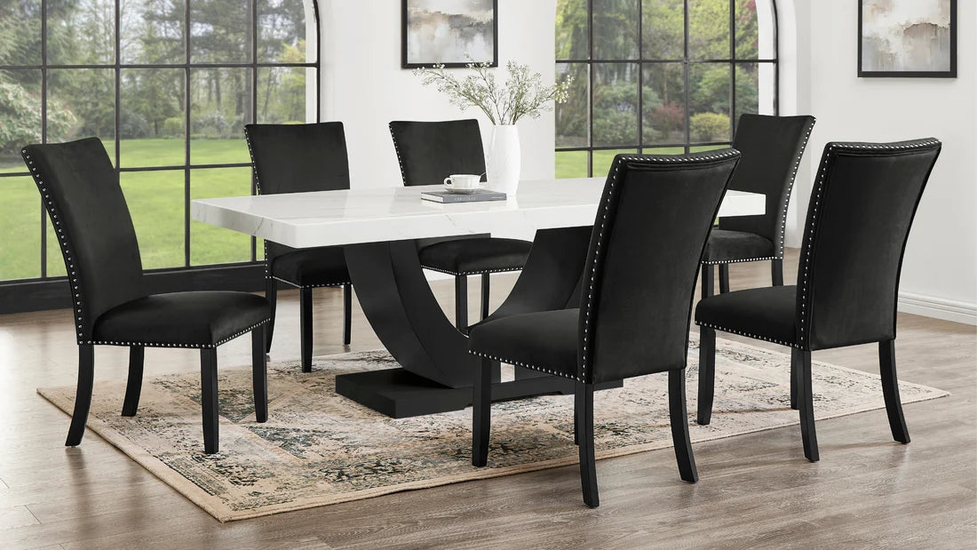 (Faux Marble) D180 Table + 6 Chairs (Black)