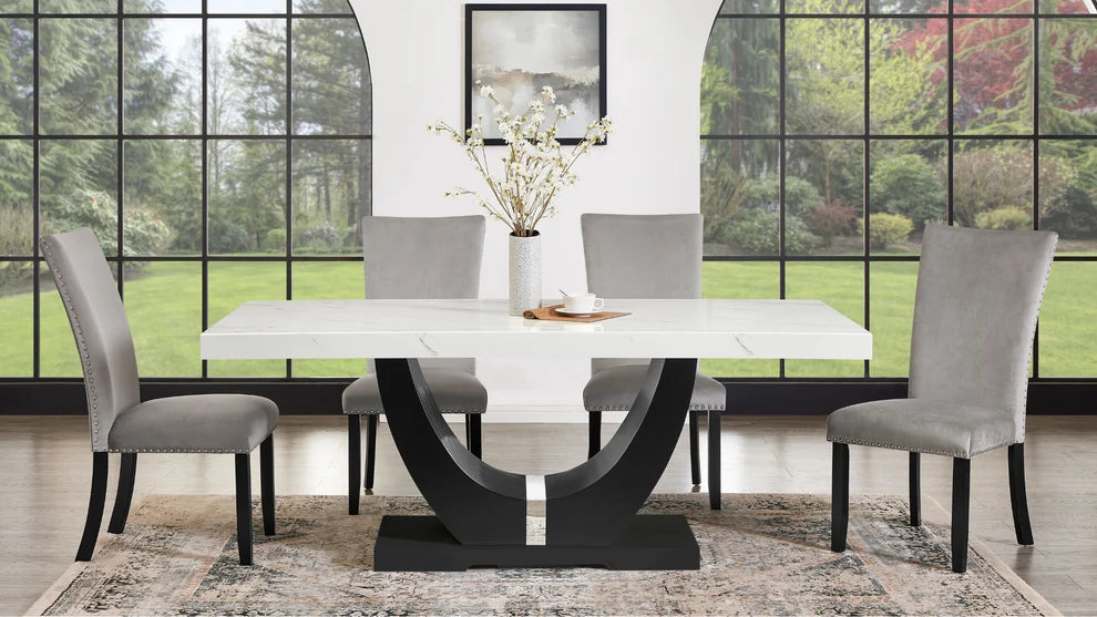 (Faux Marble) D180 Table + 6 Chairs (Grey)