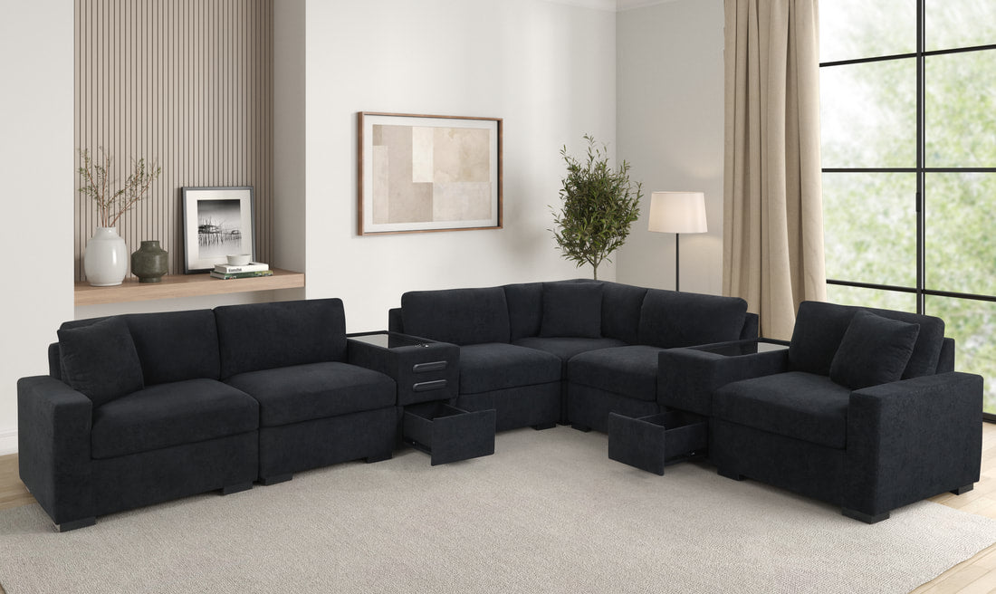 Barista 8-Piece Sectional + Consoles (Black Performance Fabric)