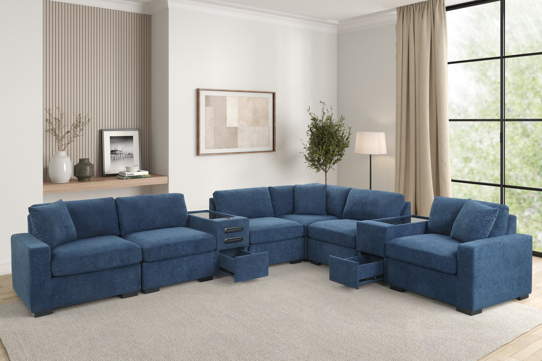 Barista 8-Piece Sectional + Consoles (Blue Performance Fabric)
