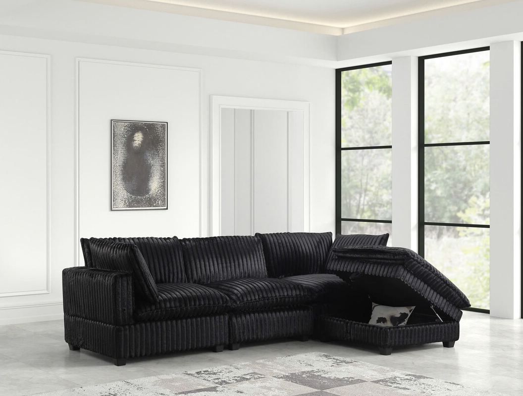 Kova-Style Modular Cloud Couch + Storage Ottoman (4-Piece Black Fluffy Corduroy)