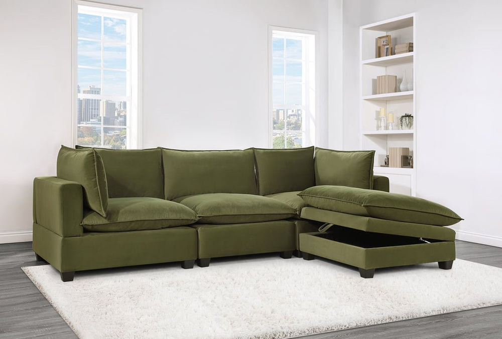 Kova-Style Modular Cloud Couch + Storage Ottoman (4-Piece Velvet Olive)