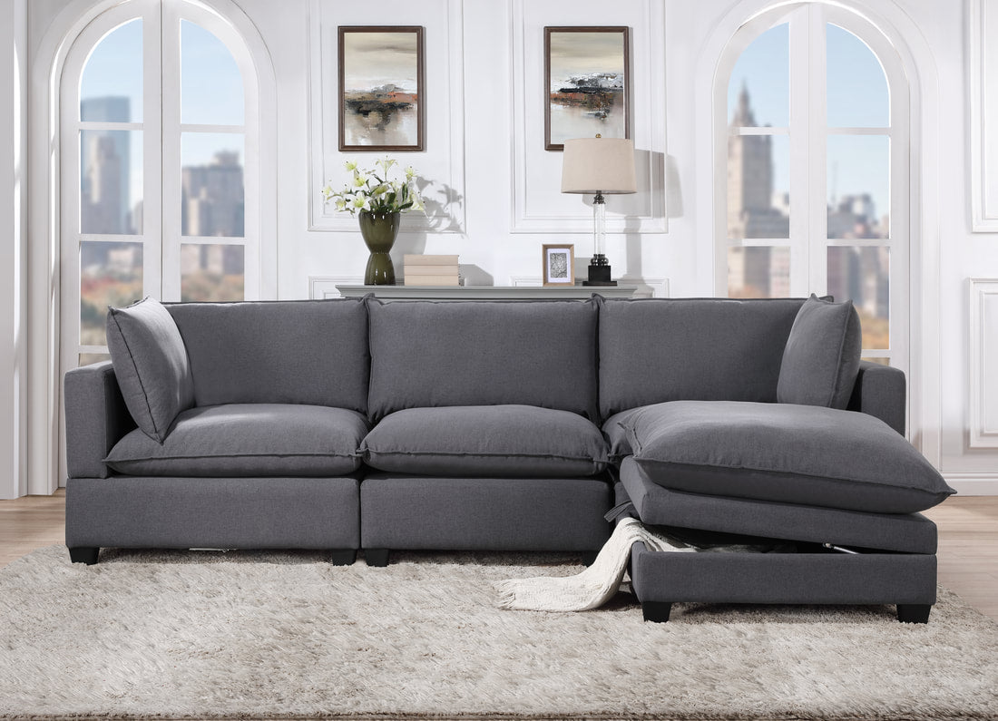 Kova Style Modular Cloud Couch + Storage Ottoman (4-Piece Charcoal Linen)