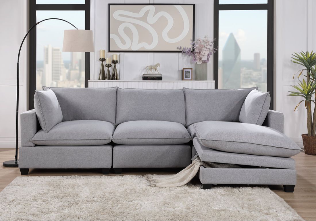 Kova-Style Modular Cloud Couch + Storage Ottoman (4-Piece Grey Linen)