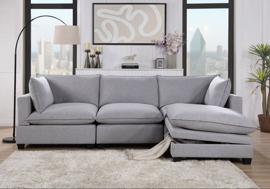 Kova Style Modular Cloud Couch + Storage Ottoman (4-Piece Grey Linen)