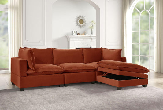 Kova Style Modular Cloud Couch + Storage Ottoman (4-Piece Velvet Rust)