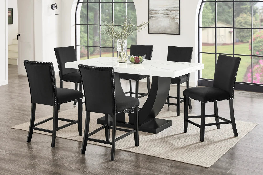 (Faux Marble) D180 Table + 6 Chairs (Black Counter Height)