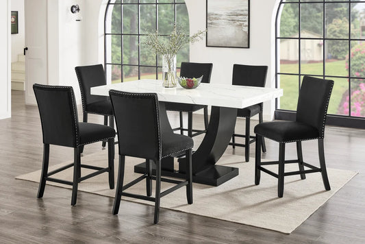 (Faux Marble) D180 Table + 6 Chairs (Black Counter Height)