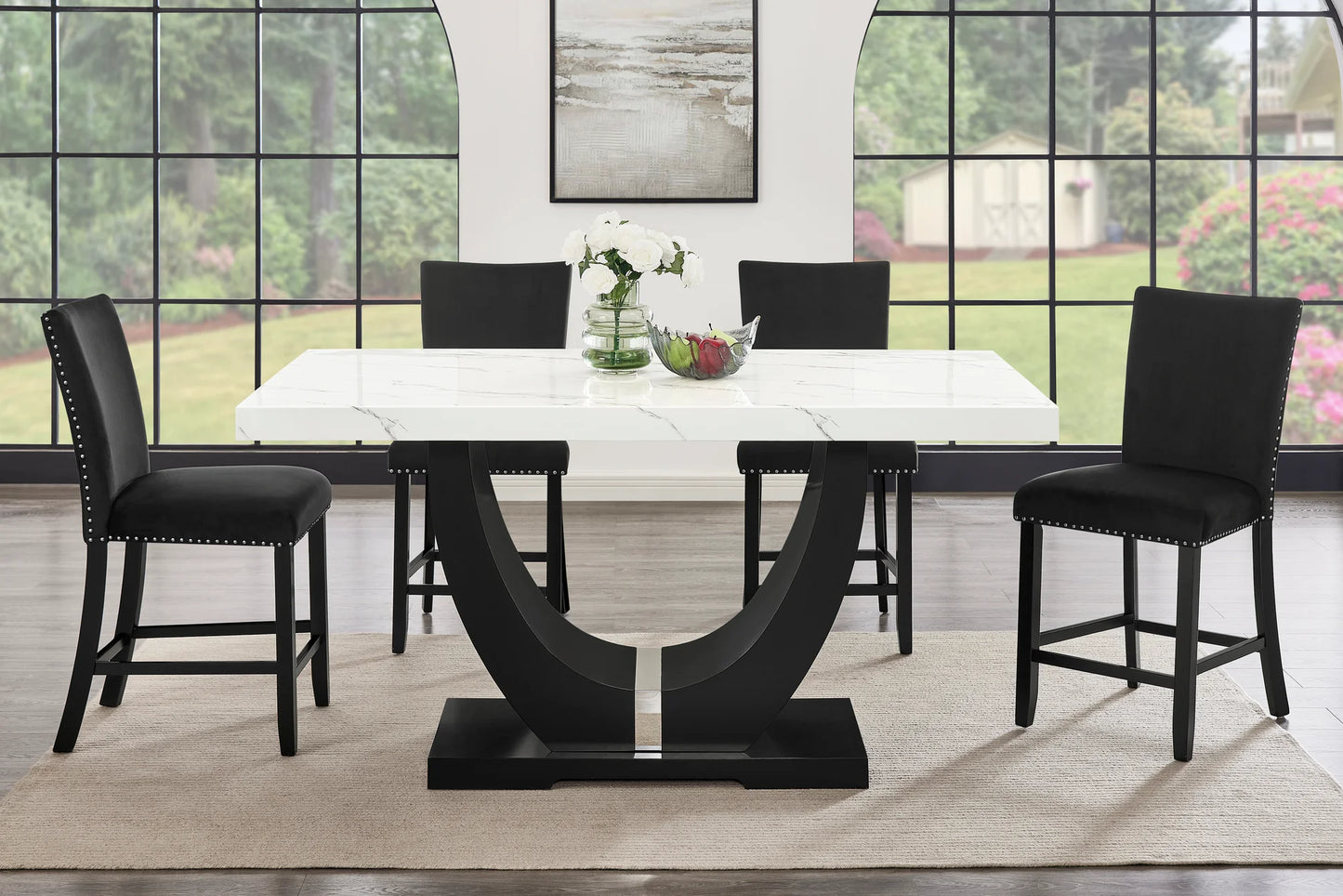 (Faux Marble) D180 Table + 6 Chairs (Black Counter Height)