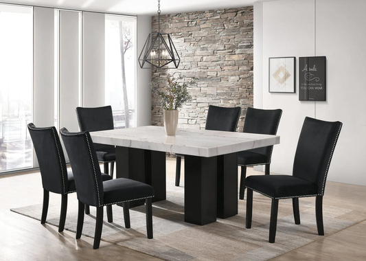 (Genuine Marble) Finland Black Table + 6 Chairs
