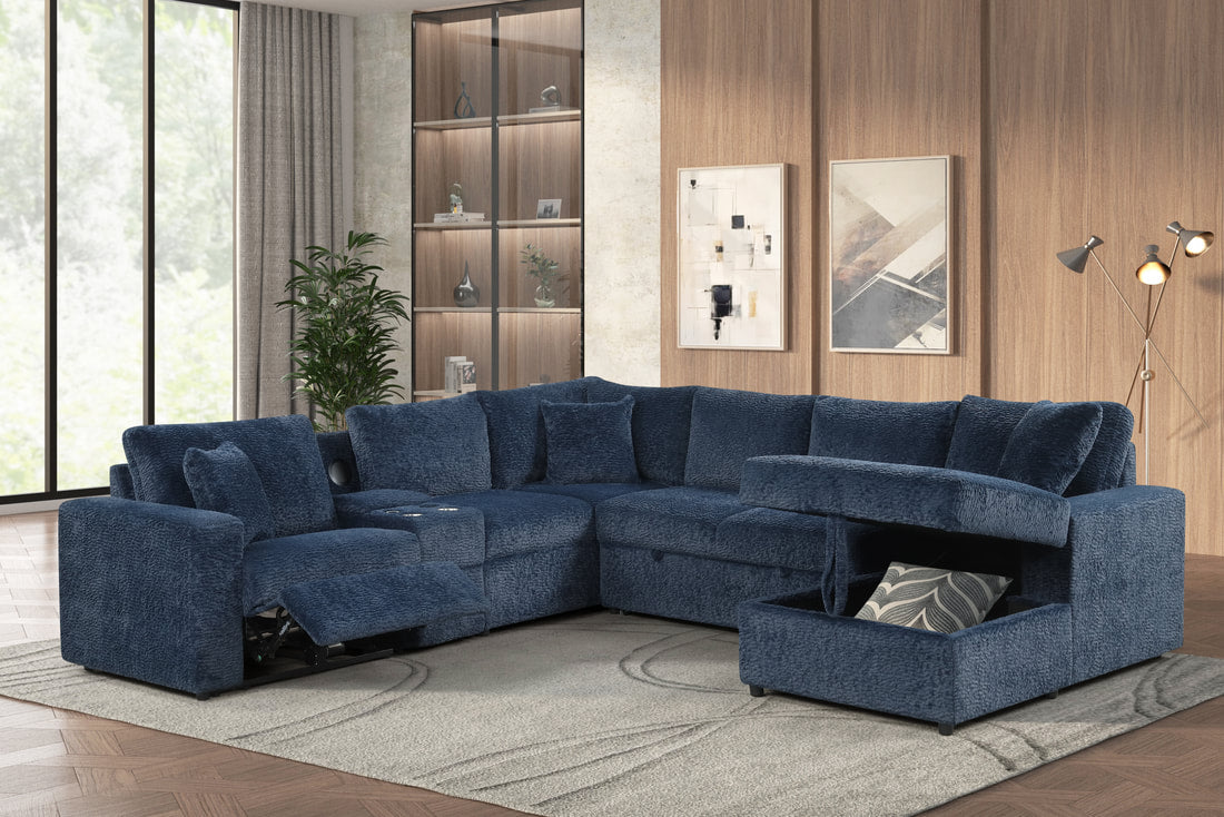 Hunter Recliner + Storage Sectional w/Consoles (Blue)