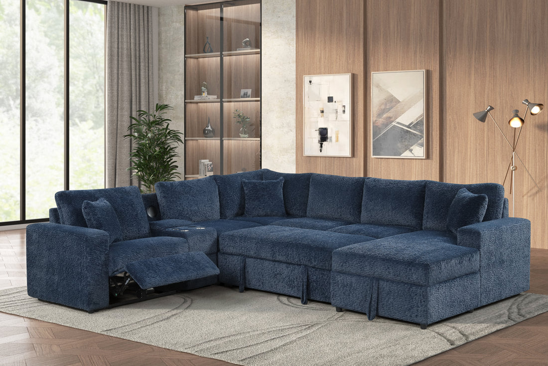 Hunter Recliner + Storage Sectional w/Consoles (Blue)