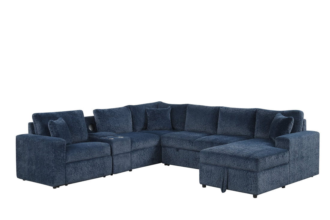 Hunter Recliner + Storage Sectional w/Consoles (Blue)
