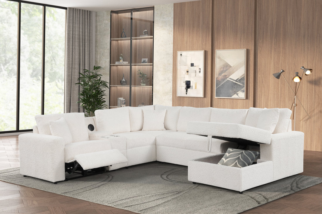 Hunter Recliner + Storage Sectional w/Consoles (Ivory)