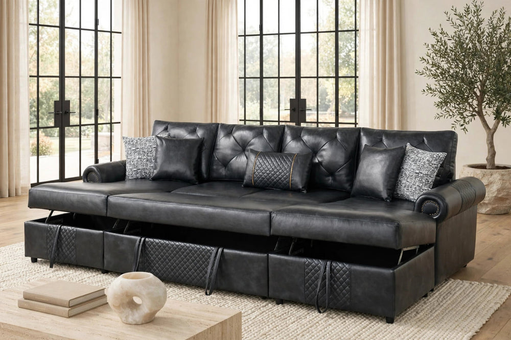 Sonoma Leather Sleeper Sectional w/Storage (Black)