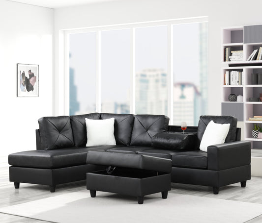 Rocket Reversible Sectional + Storage Ottoman (Black PU Leather)