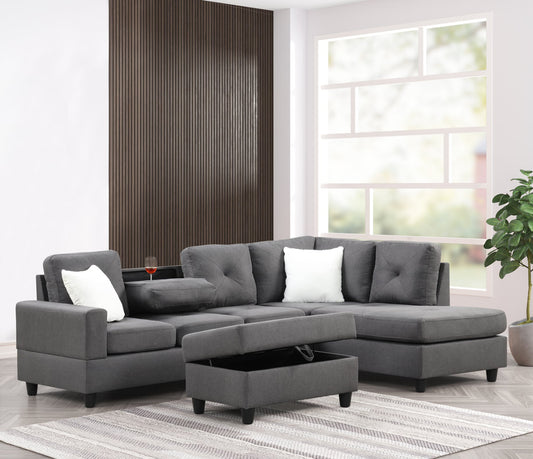 Rocket Reversible Sectional + Storage Ottoman (Charcoal Linen)