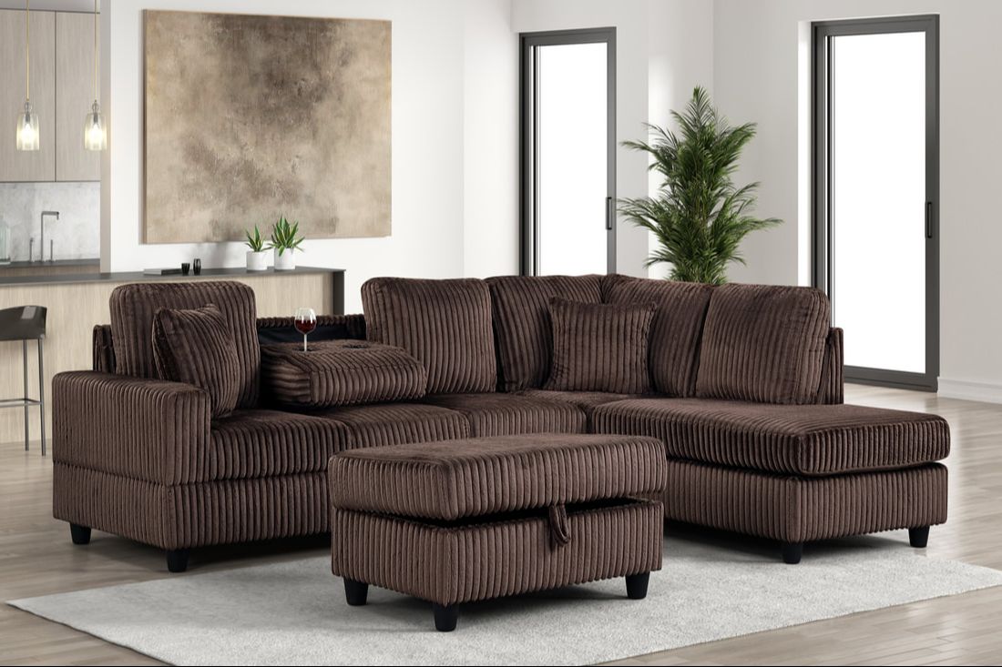 Rocket Reversible Sectional + Storage Ottoman (Chocolate Corduroy)