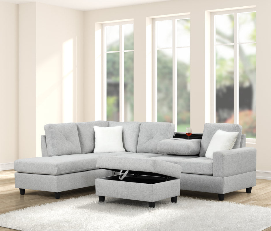 Rocket Reversible Sectional + Storage Ottoman (Grey Linen)